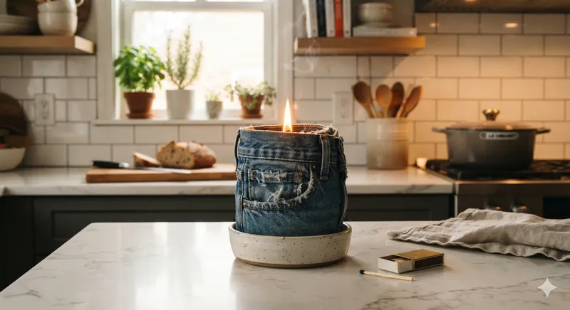 A Jented Jandle burning on a marble kitchen counter