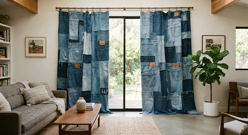 Japes, floor-length denim drapery hung on a brass rod