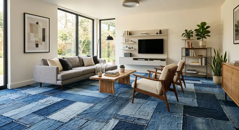 The Jarpet, wall-to-wall denim flooring in a living room