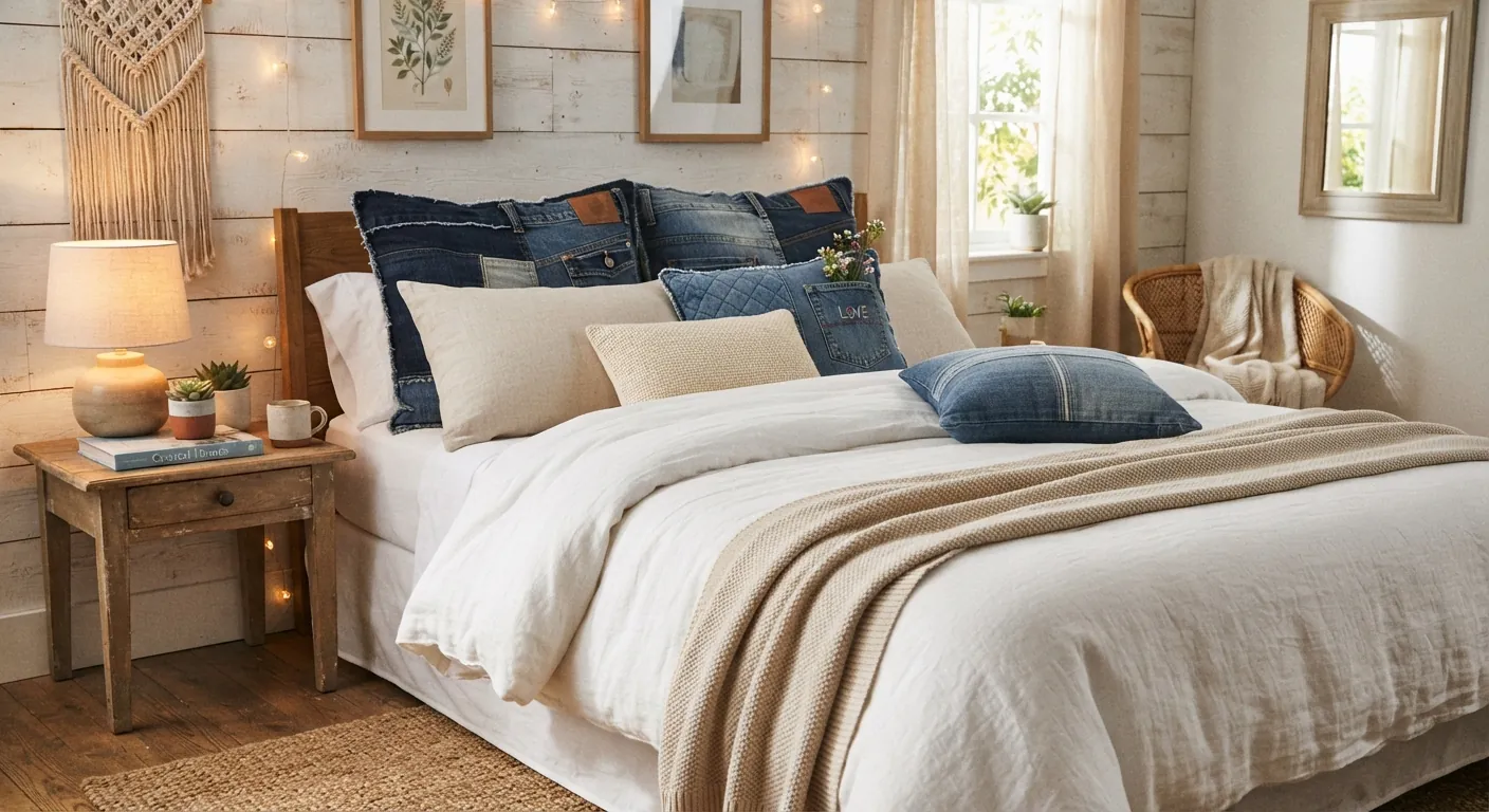 Jillows, denim decorative cushions arranged against a headboard