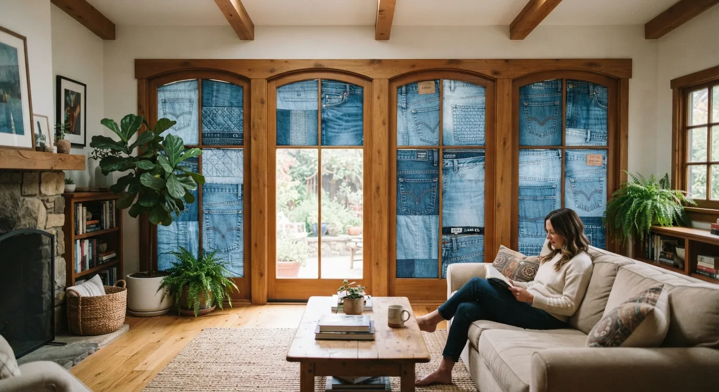 Denim window panels filtering afternoon light in a reading room