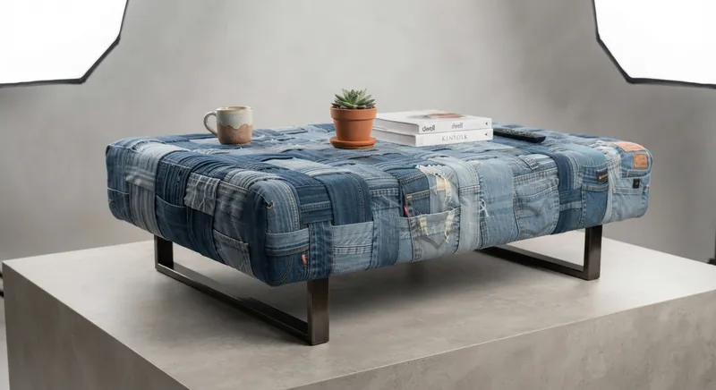 The Joffee Table, a woven denim low table on a concrete plinth