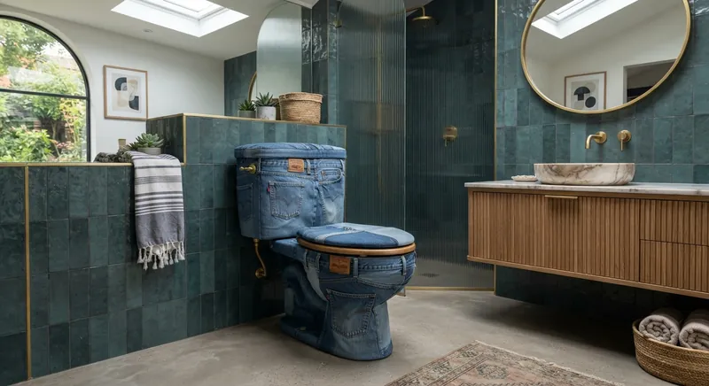 The Joilet, a denim-wrapped two-piece toilet in a green-tiled bathroom