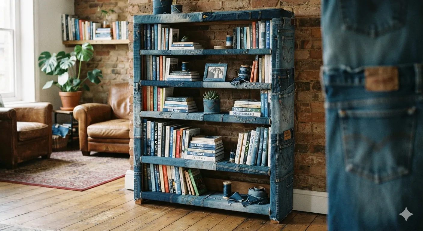 The Jookshelf, a five-shelf denim-sleeved bookcase against exposed brick