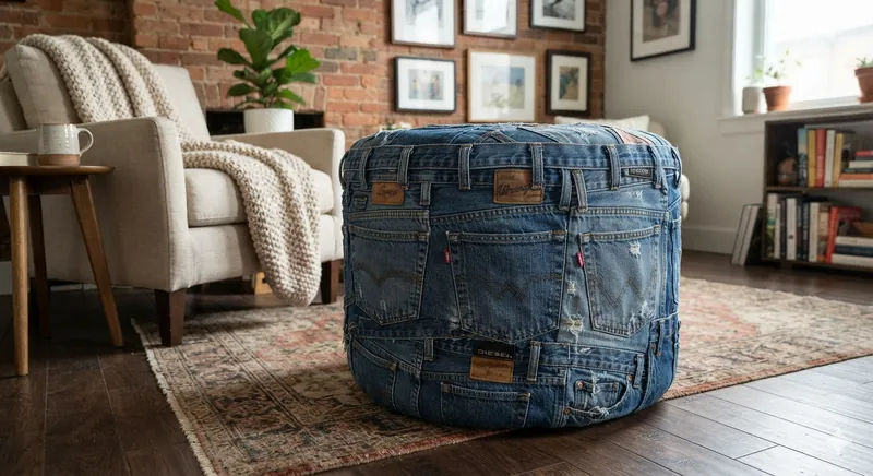 The Jottoman, a round denim pouf beside an armchair