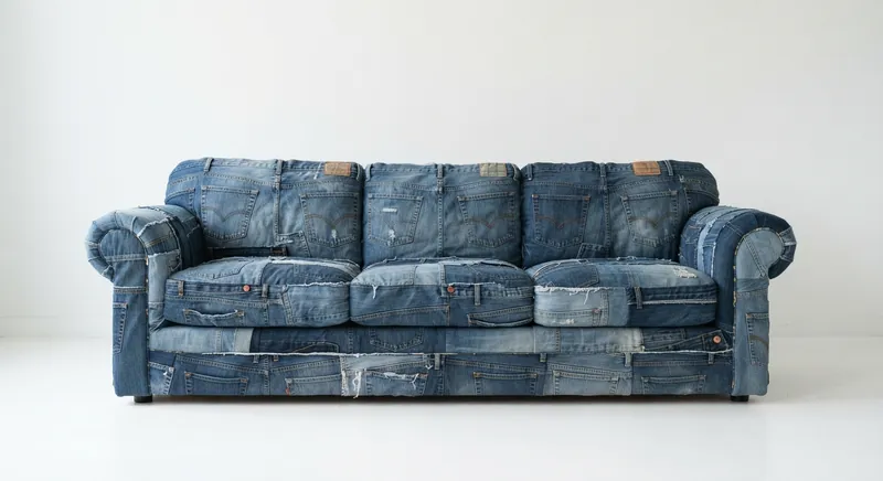The Jouch, a three-seat sofa upholstered entirely in patchwork denim
